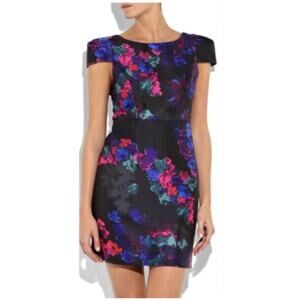 Tibi Dark Floral Print Silk Cap Sleeve Dress